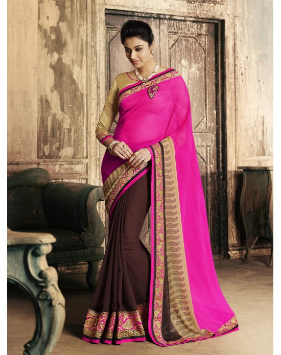 Chiffon & Georgette Printed Pink Half And Half Saree Chiffon & Georgette Printed Pink Half And Half Saree