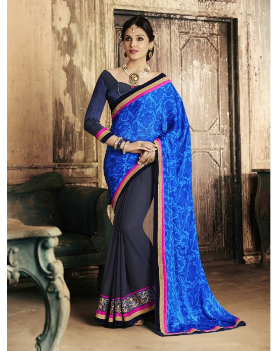 Georgette & Satin Blue Print Half And Half Designer Sari Georgette & Satin Blue Print Half And Half Designer Sari