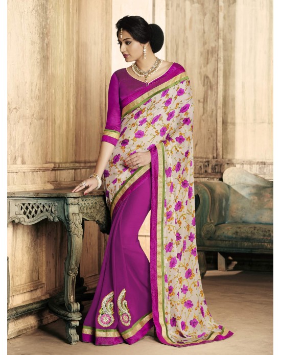 Multi Color Satin & Georgette Floral Print Half And Half Saree Multi Color Satin & Georgette Floral Print Half And Half Saree