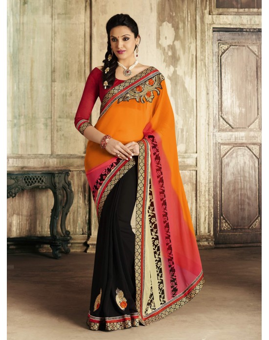 Orange & Black Chiffon Embroidered Half And Half Designer Sari Orange & Black Chiffon Embroidered Half And Half Designer Sari