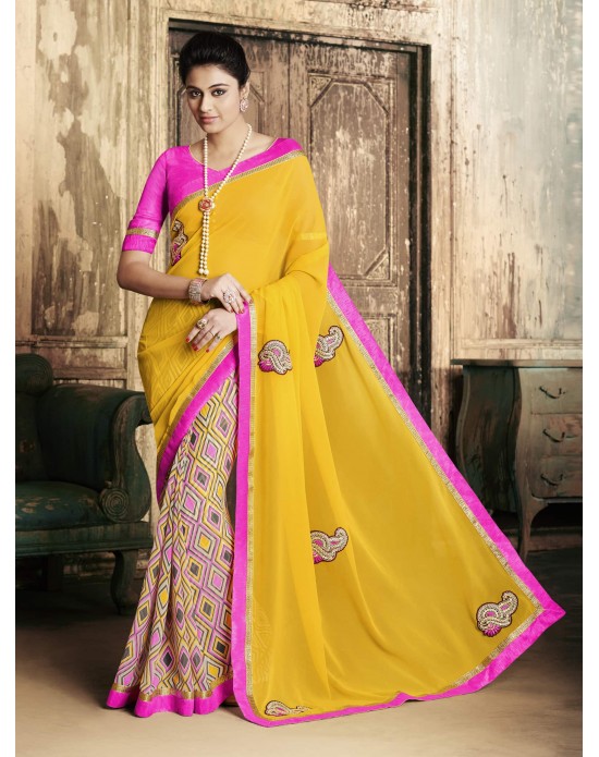 Yellow Georgette print Embroidered Half And Half Designer Sarees Yellow Georgette print Embroidered Half And Half Designer Sarees