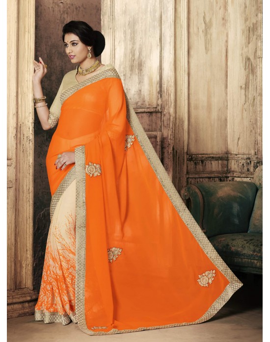Orange Georgette & Chiffon Print Half And Half Sari Orange Georgette & Chiffon Print Half And Half Sari