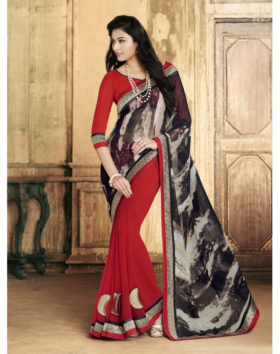 Black & red Georgette Digital Print Half And Half Designer Sari Black & red Georgette Digital Print Half And Half Designer Sari