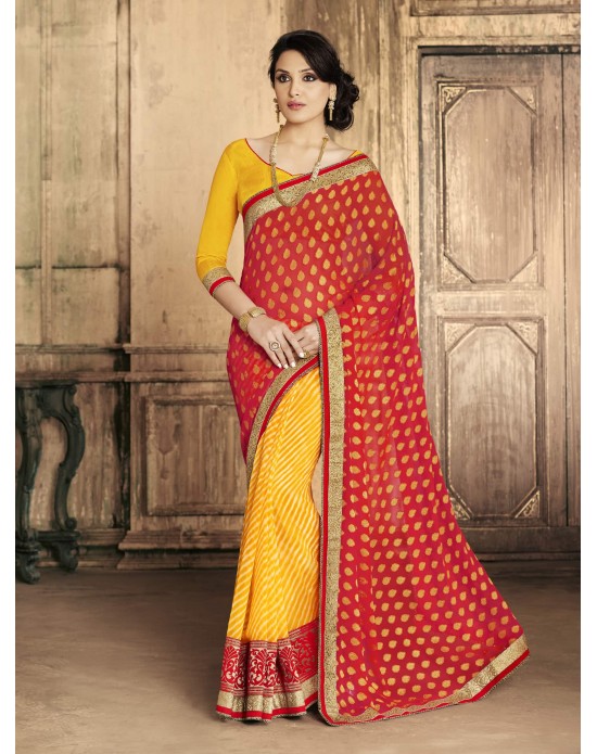 Red Viscose Jacquard & Georgette Print Half And Half Designer Saree Red Viscose Jacquard & Georgette Print Half And Half Designer Saree