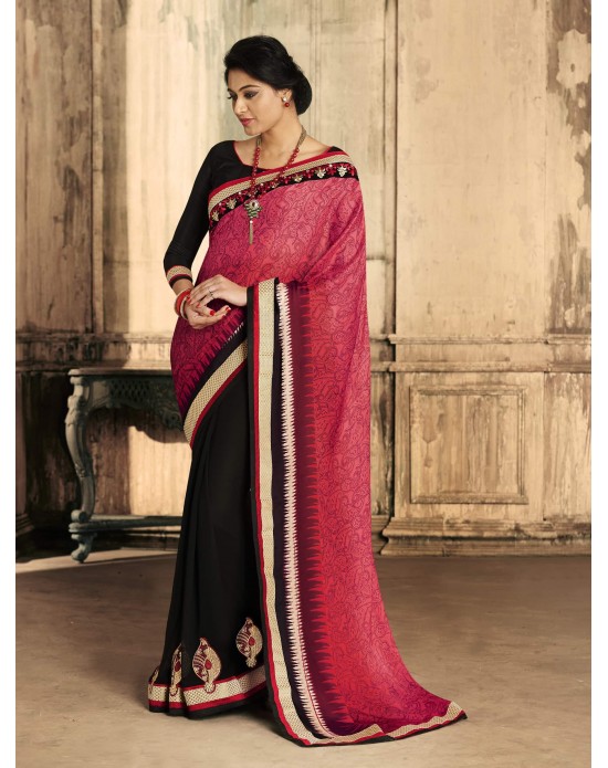 Pink Moss Print & Georgette Half And Half Designer Sarees Pink Moss Print & Georgette Half And Half Designer Sarees
