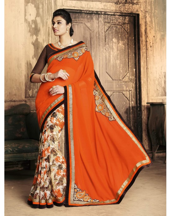 Orange Georgette Print Embroidered Half And Half Designer Saree Orange Georgette Print Embroidered Half And Half Designer Saree