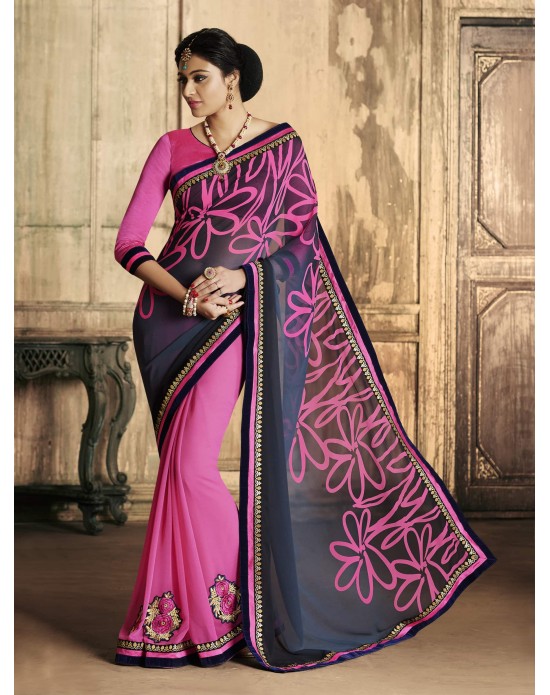 Pink & blue Printed Georgette Chiffon Half And Half Designer Sari Pink & blue Printed Georgette Chiffon Half And Half Designer Sari