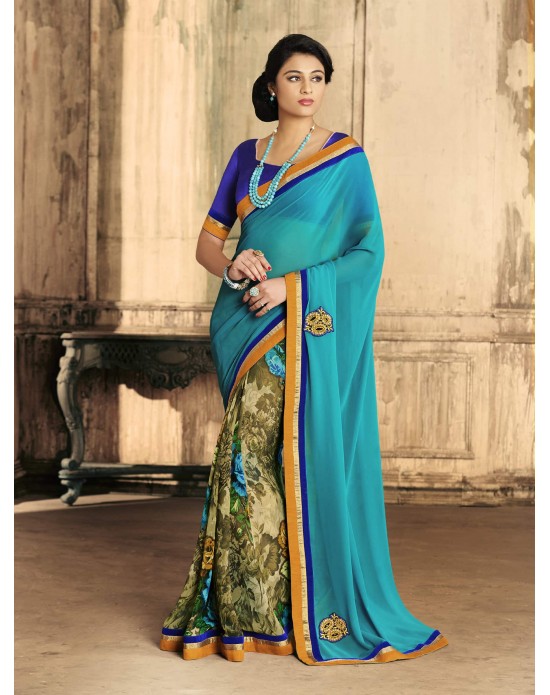 Turquoise Georgette floral Print Half And Half Designer Sarees Turquoise Georgette floral Print Half And Half Designer Sarees