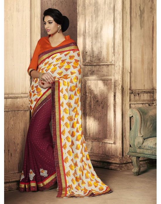 Satin Chiffon Print & Georgette Jacquard Half And Half Designer Saree Satin Chiffon Print & Georgette Jacquard Half And Half Designer Saree