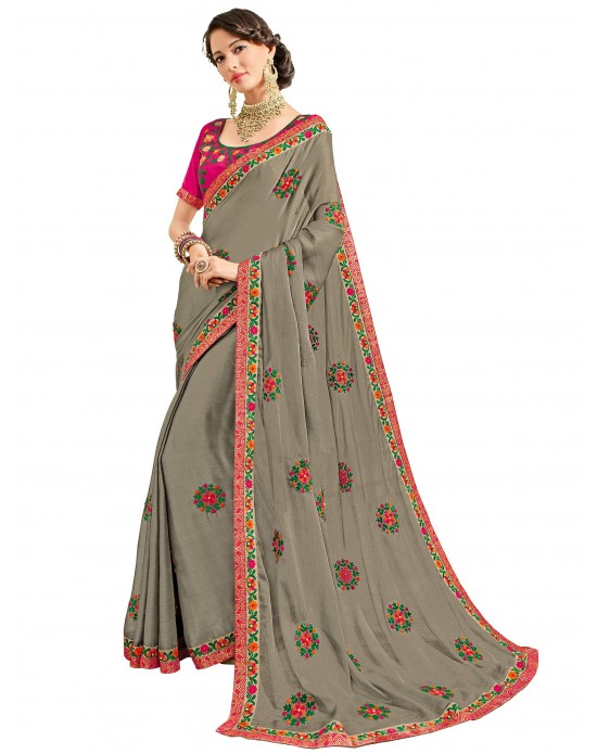 Grey color two tone silk and jacquard sari Grey color two tone silk and jacquard sari